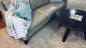 Un sofá de cuero gris con mantas y almohadones estampados, una mesa redonda de centro con una bandeja de galletas, y un piso alfombrado.