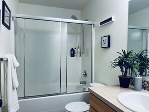 Combined shower/tub, hair dryer, towels, soap