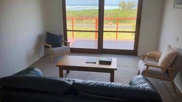 TV, fireplace, books, offices