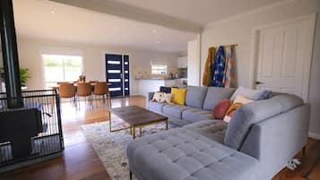 TV, fireplace, books, offices