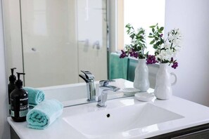 Shower, hair dryer, towels, shampoo