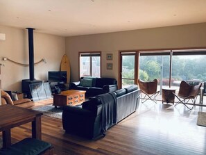 Télévision, cheminée, livres