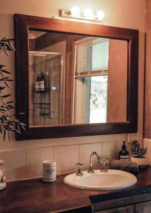 Un baño con un espejo de marco de madera, un lavabo blanco y una planta pequeña en la encimera.