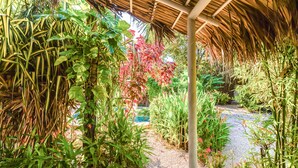Un jardín con diversas plantas y una estructura de techo de paja.