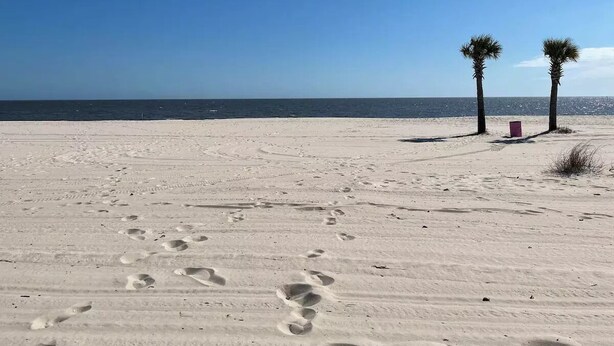 Ein sandiger Strand mit Fußspuren, die zu Palmen führen, und einem roten Gegenstand in der Ferne.