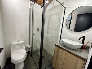 Shower, towels, soap, shampoo