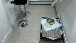Una piccola cucina con pensili bianchi, uno sgabello nero e una zona dove viene nutrita una gatta.