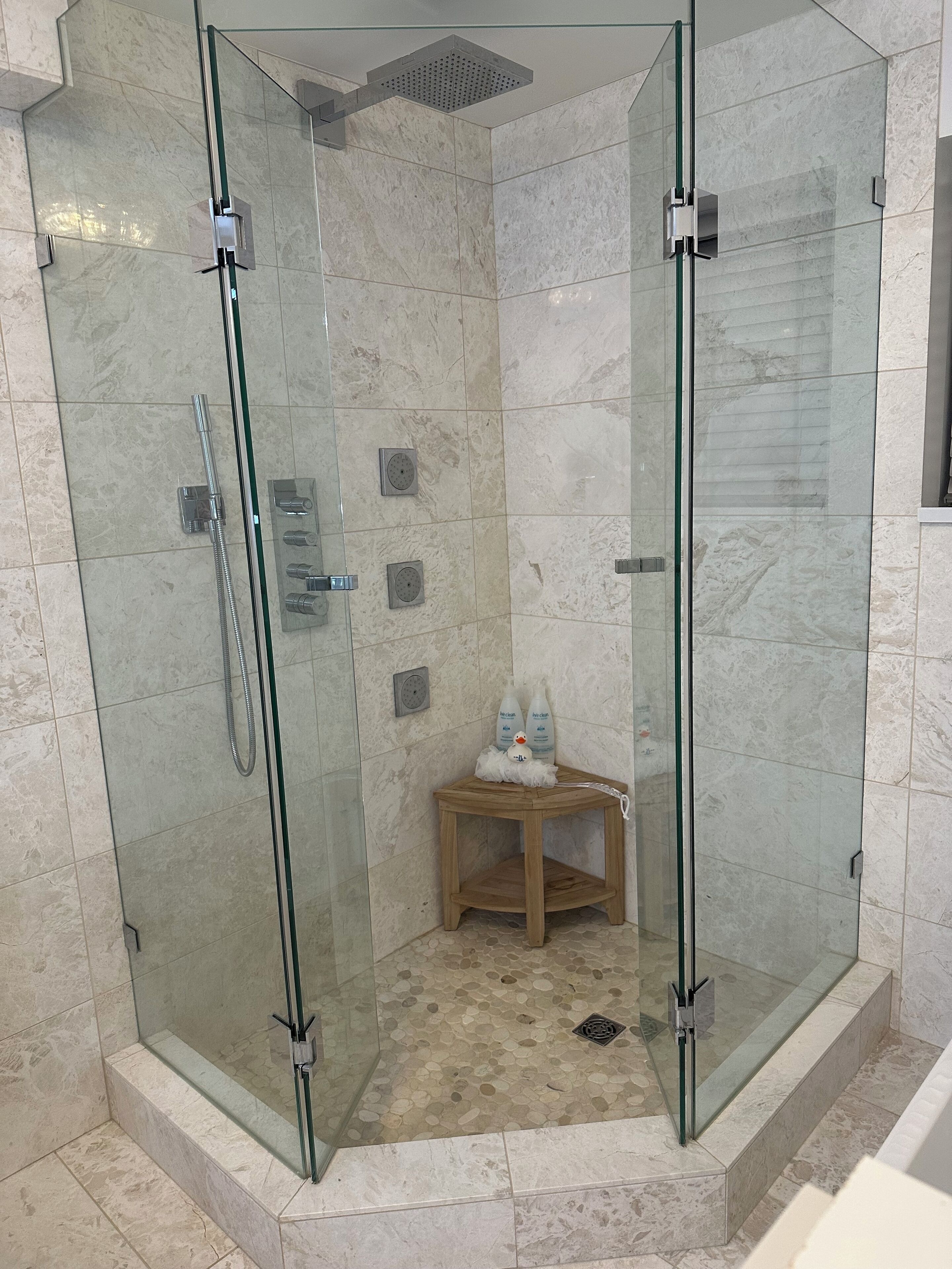 Hair dryer, towels, soap, shampoo