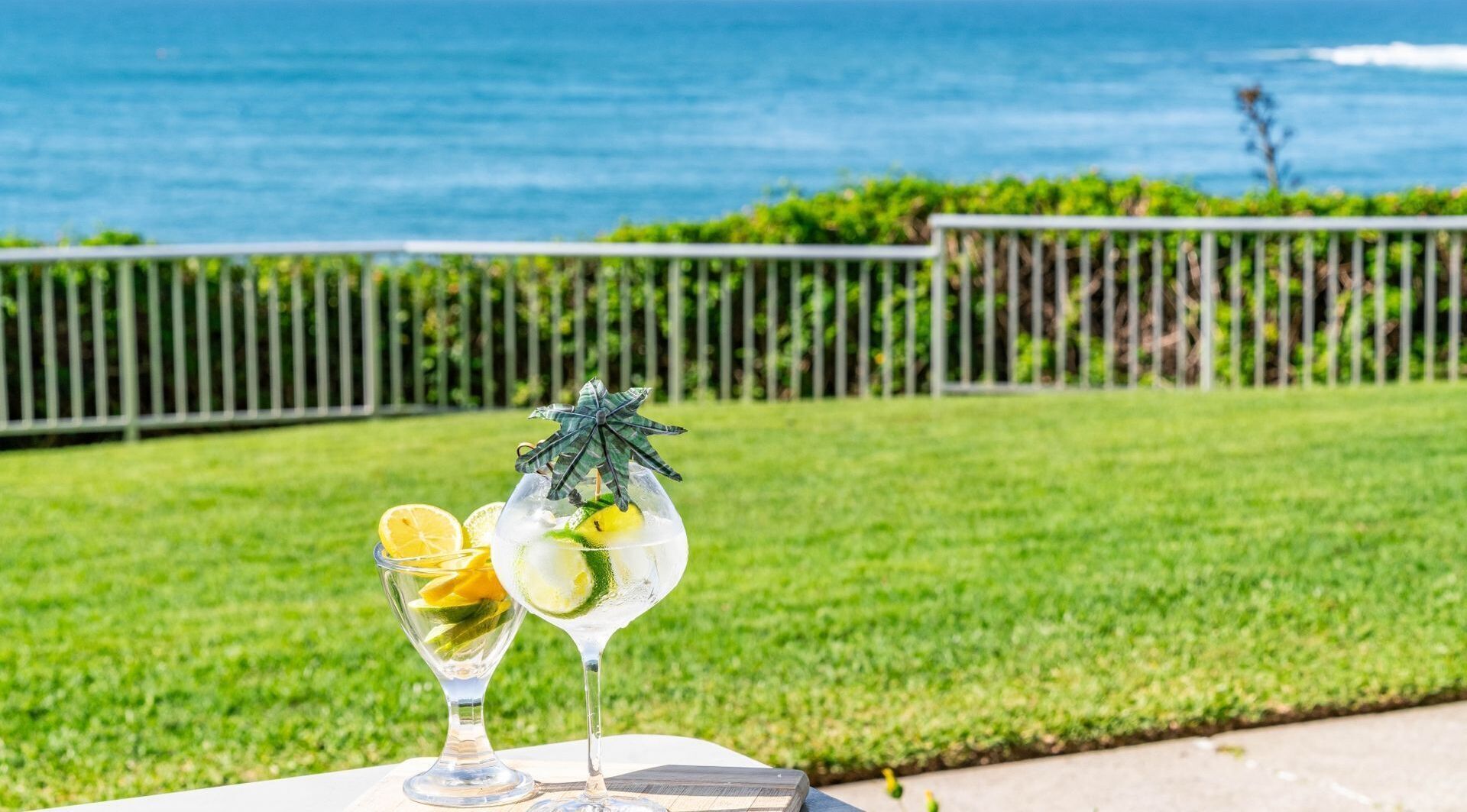 Two drinks on a table with a view of the ocean and a grassy area.
