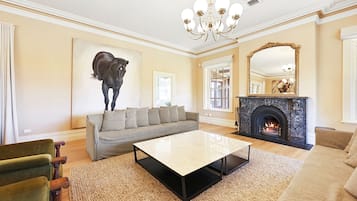 TV connectée, cheminée, livres