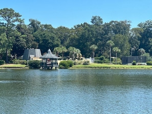 Escape to a serene lakeside retreat surrounded by lush greenery and tall trees.