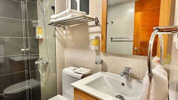 A modern bathroom with a glass-enclosed shower, a white toilet, a wooden vanity with a sink, and a mirror with a wooden frame.