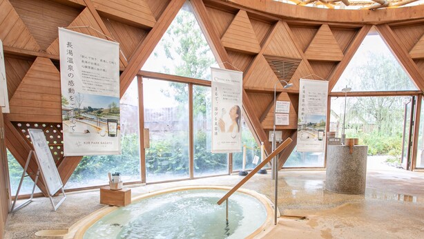 Zona de baños termales con arquitectura de madera, carteles con texto japonés y vistas a la vegetación.