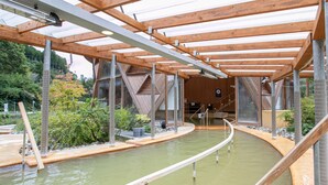 Un área de spa con vigas de madera y piscina.