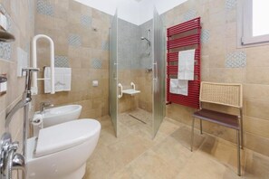 Hair dryer, towels, soap, shampoo