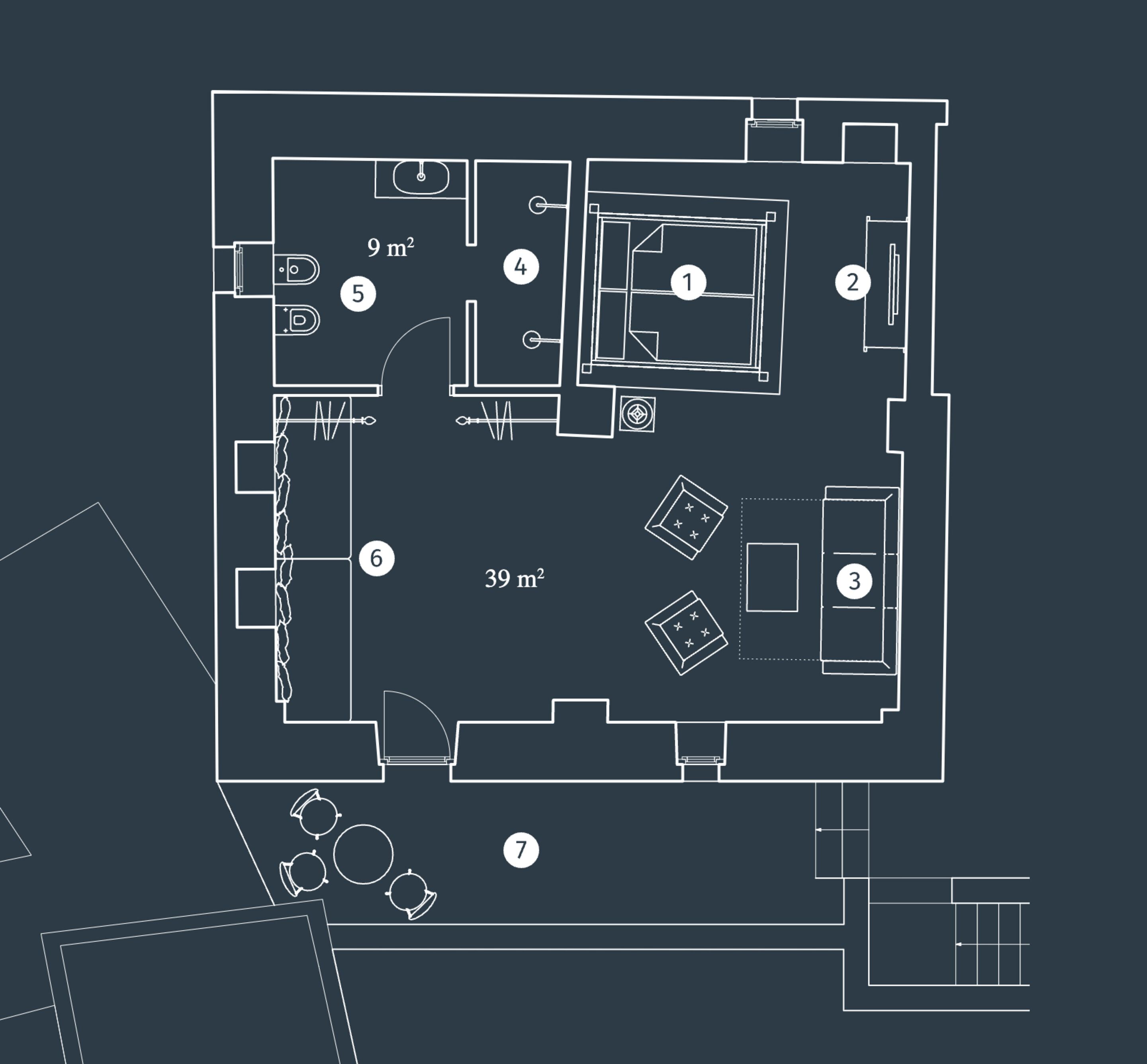A floor plan with a 39 m² central area, a 9 m² room, and a 4 m² room.