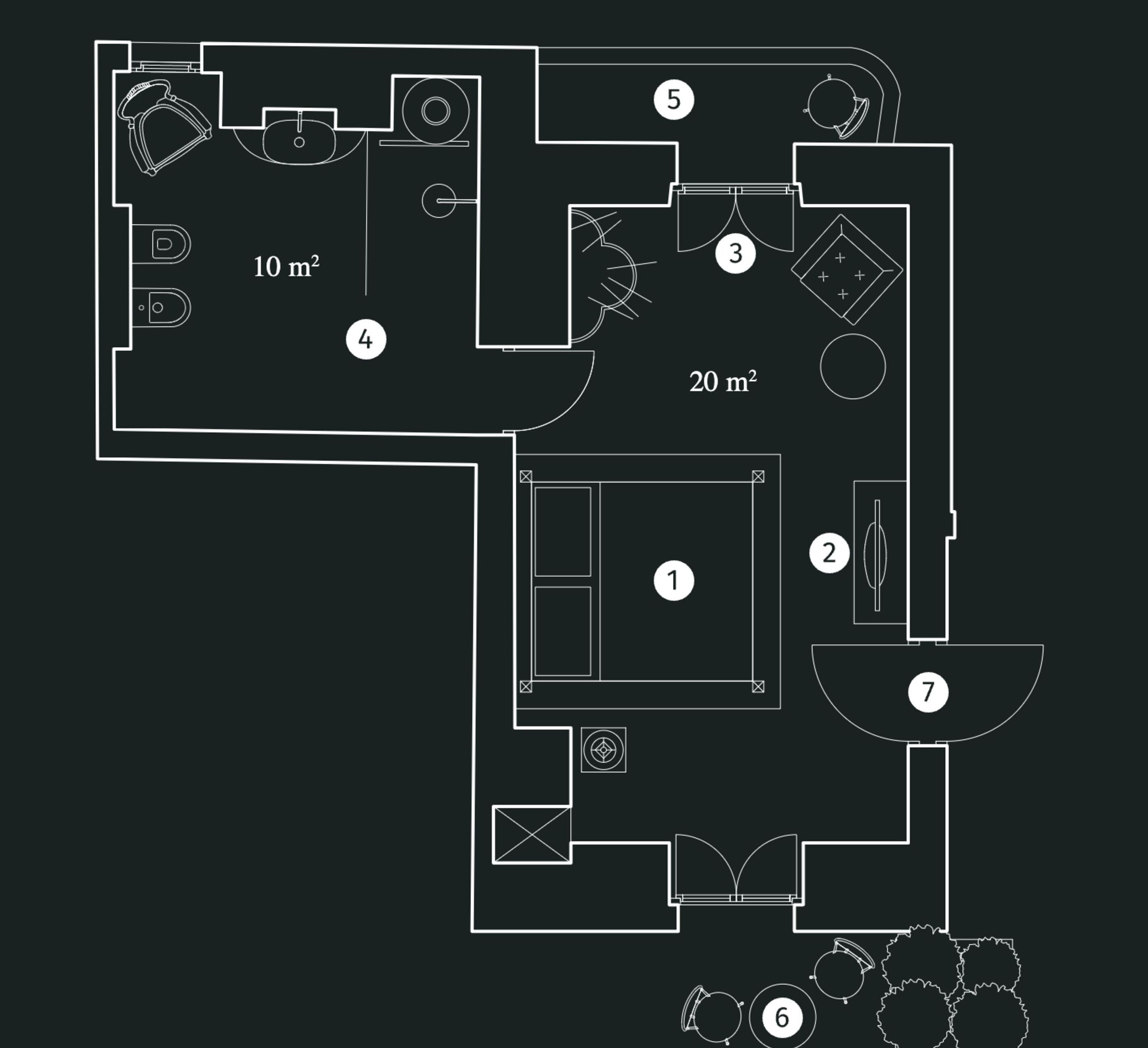 Un plan d’étage comprenant des pièces de 10 m², 20 m² et 7 m², ainsi qu’une salle de bain et un espace cuisine.