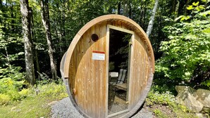 Une cabane en bois avec une porte, entourée d’une forêt.