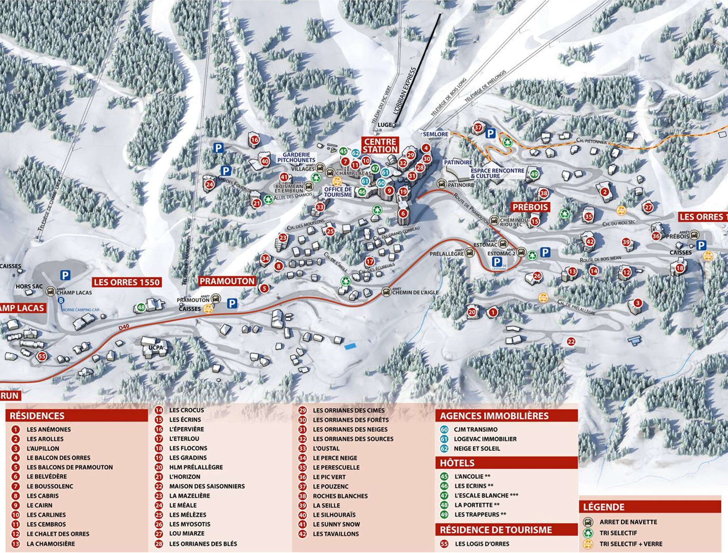 A detailed map of a ski resort with marked locations for accommodations, amenities, and facilities.