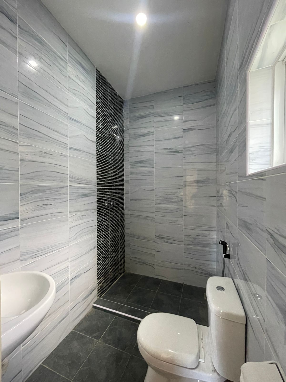 A bathroom with a toilet, sink, and shower area.
