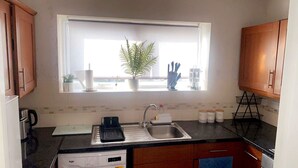A kitchen with a window, a sink, a stove, cabinets, and a plant. - Remarkable 2-bed Apartment in London (London)