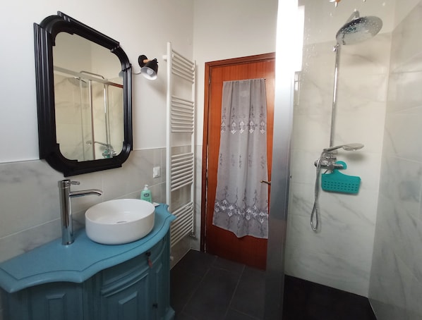 Hair dryer, towels, toilet paper