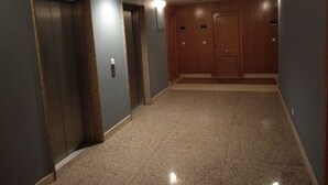 A hallway with two elevators, a wooden door, and a light fixture on the ceiling.