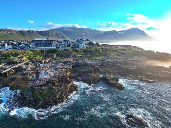 A coastal hotel with a rocky shoreline, ocean waves, and a mountainous backdrop. - Esplanade Hermanus (Hermanus)