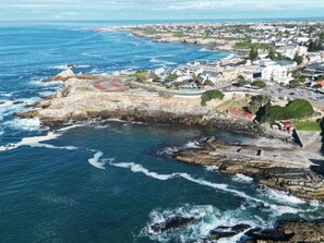 A coastal town with rocky cliffs, a beach, and buildings along the shore. - Esplanade Hermanus (Hermanus)