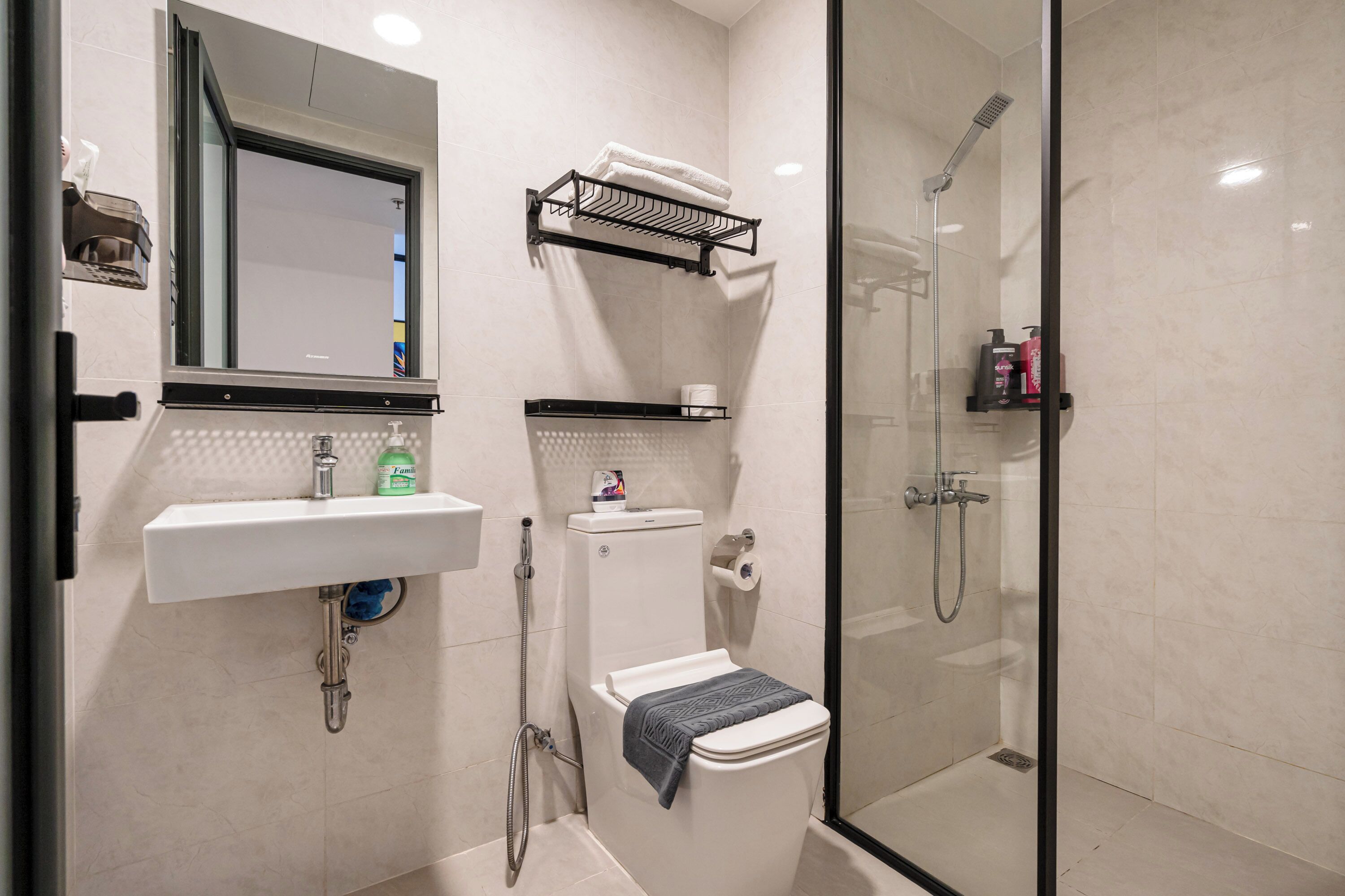 A modern bathroom with a glass shower enclosure, a white sink with a mirror above it, and a toilet with a towel rack above.