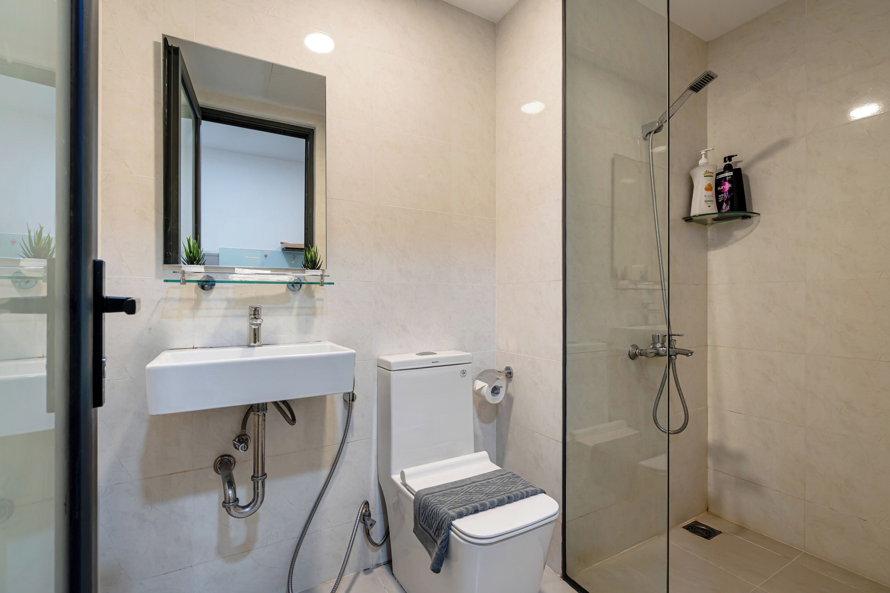 A modern bathroom with a glass shower enclosure, a white sink, and a toilet.