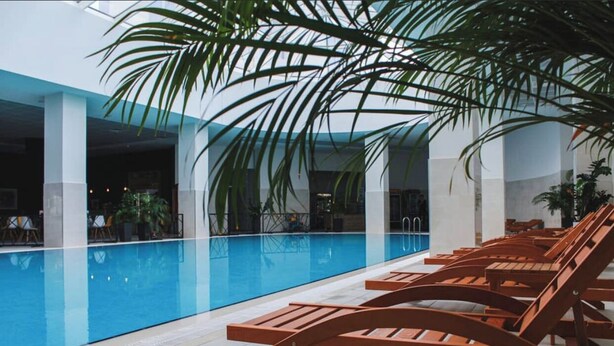 A pool area with lounge chairs and palm trees. - MERDZ Spa & Fitness Sky Resident  (Skopje)
