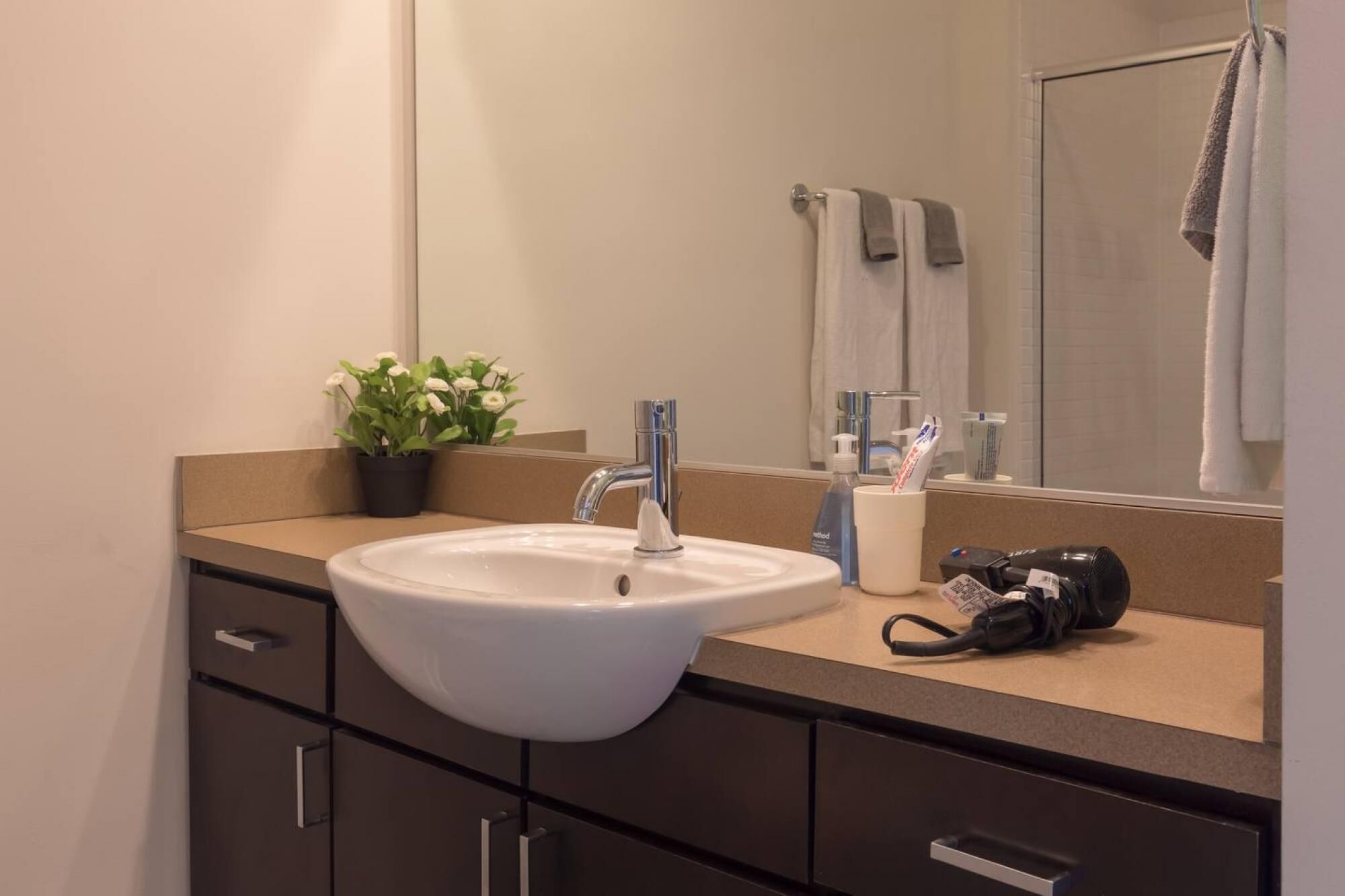 Ein modernes Badezimmer mit einem weißen Waschbecken, einem Spiegel, einer Topfpflanze und Toilettenartikeln auf der Ablagefläche.