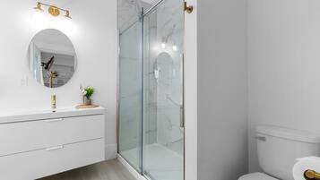 A modern bathroom with a glass-enclosed shower, a white vanity with a mirror, and a toilet.