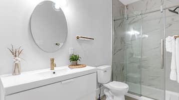 Shower, hair dryer, towels, soap