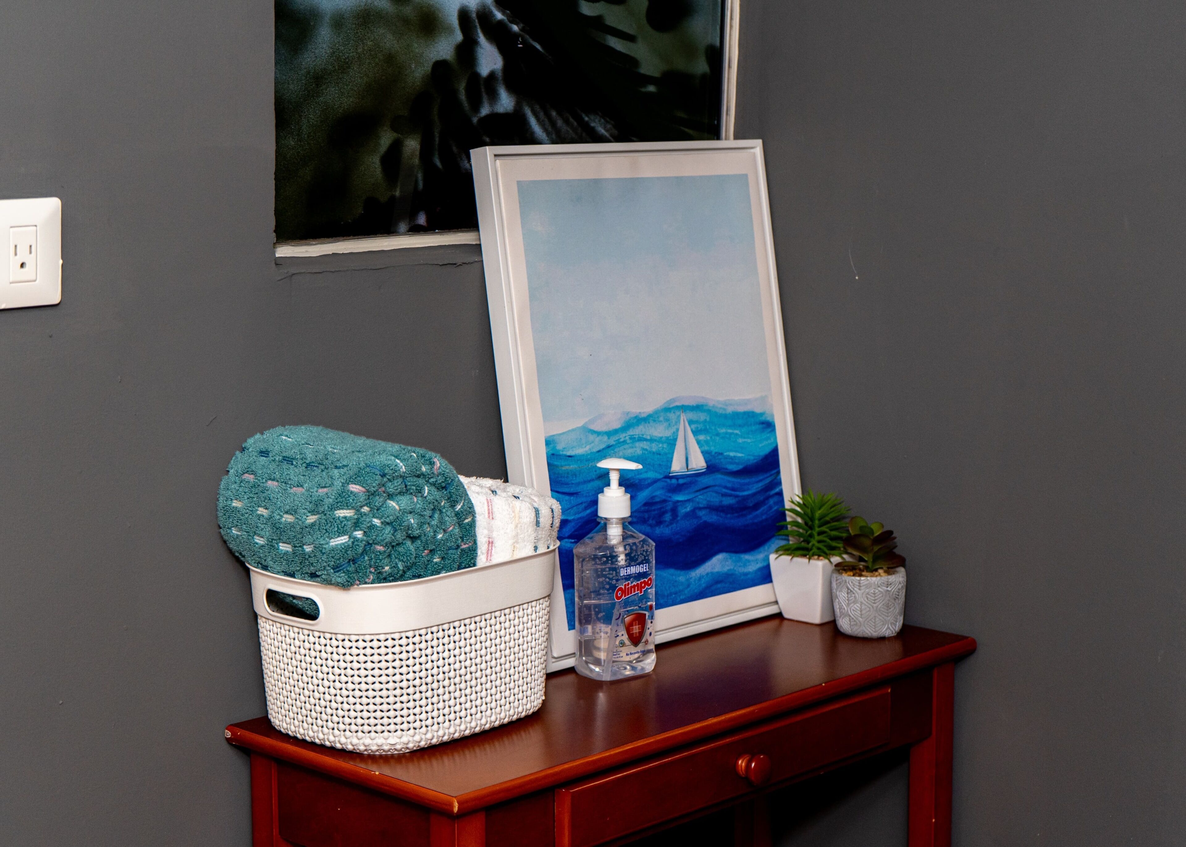 A wooden bedside table with a framed painting, a bottle of hand sanitizer, a green bath mat, and a small potted plant.
