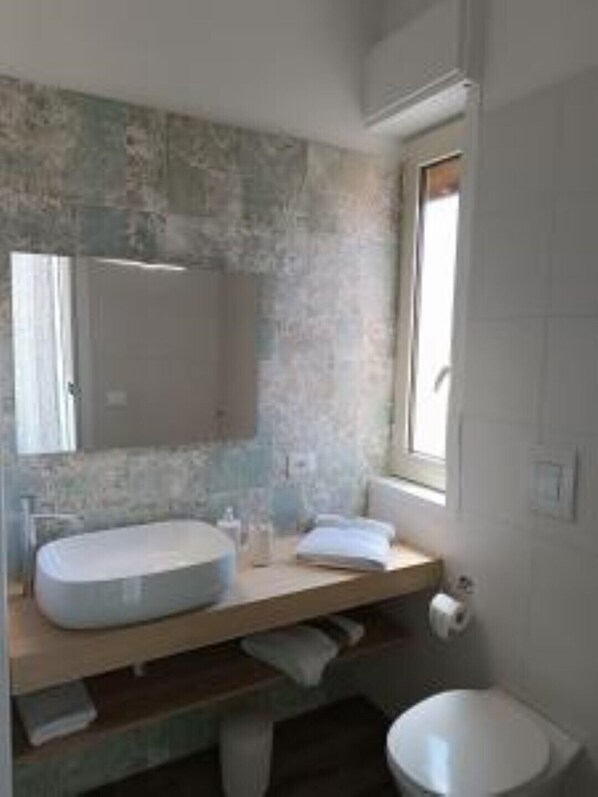 Shower, hair dryer, bidet, towels