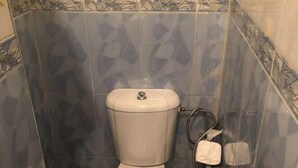 Un inodoro con asiento y tapa blancos, un dispensador de papel higiénico con un rollo, y un respaldo de azulejos estampados.