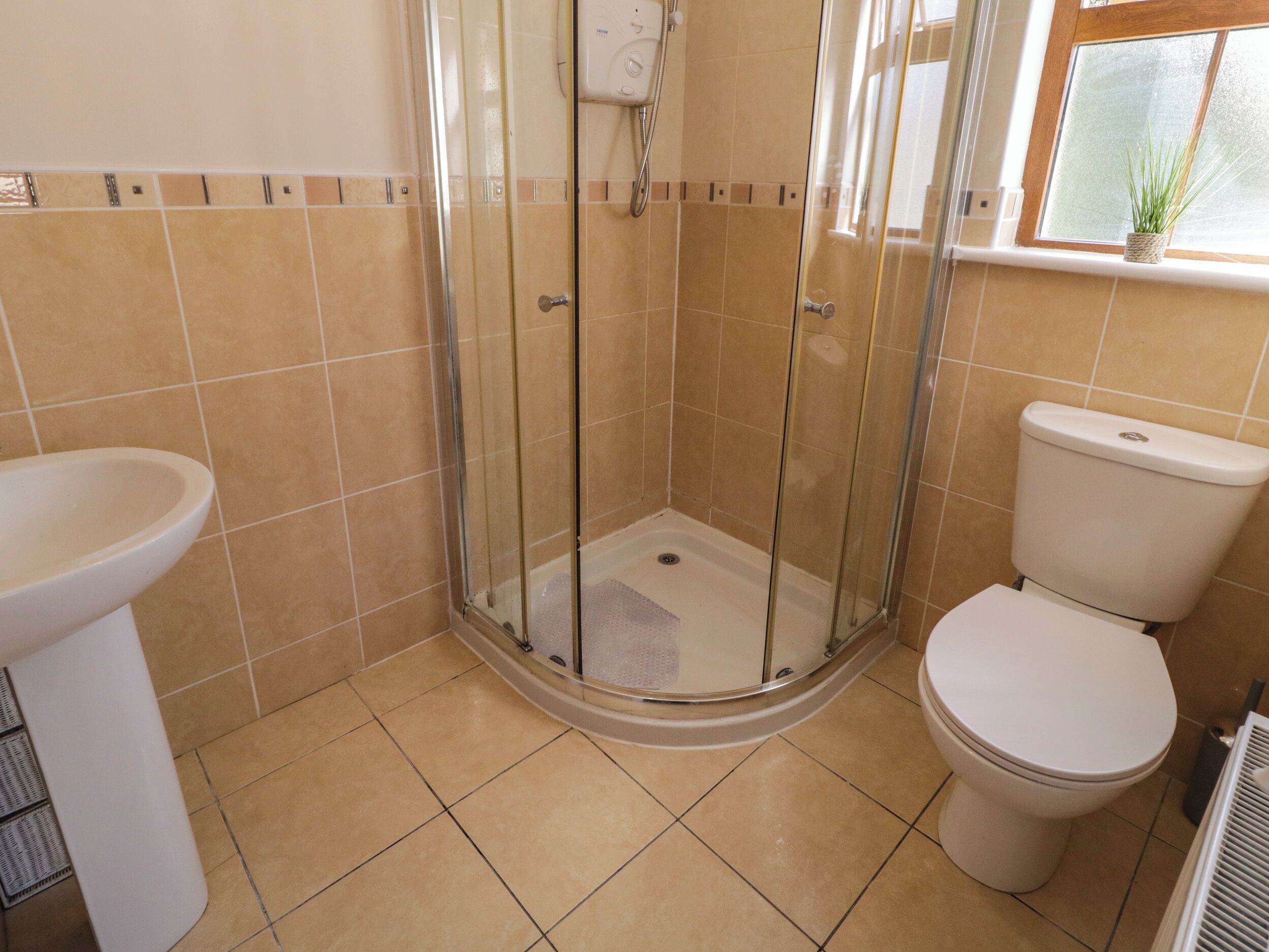 Een badkamer met een douchecabine, toilet en wastafel.