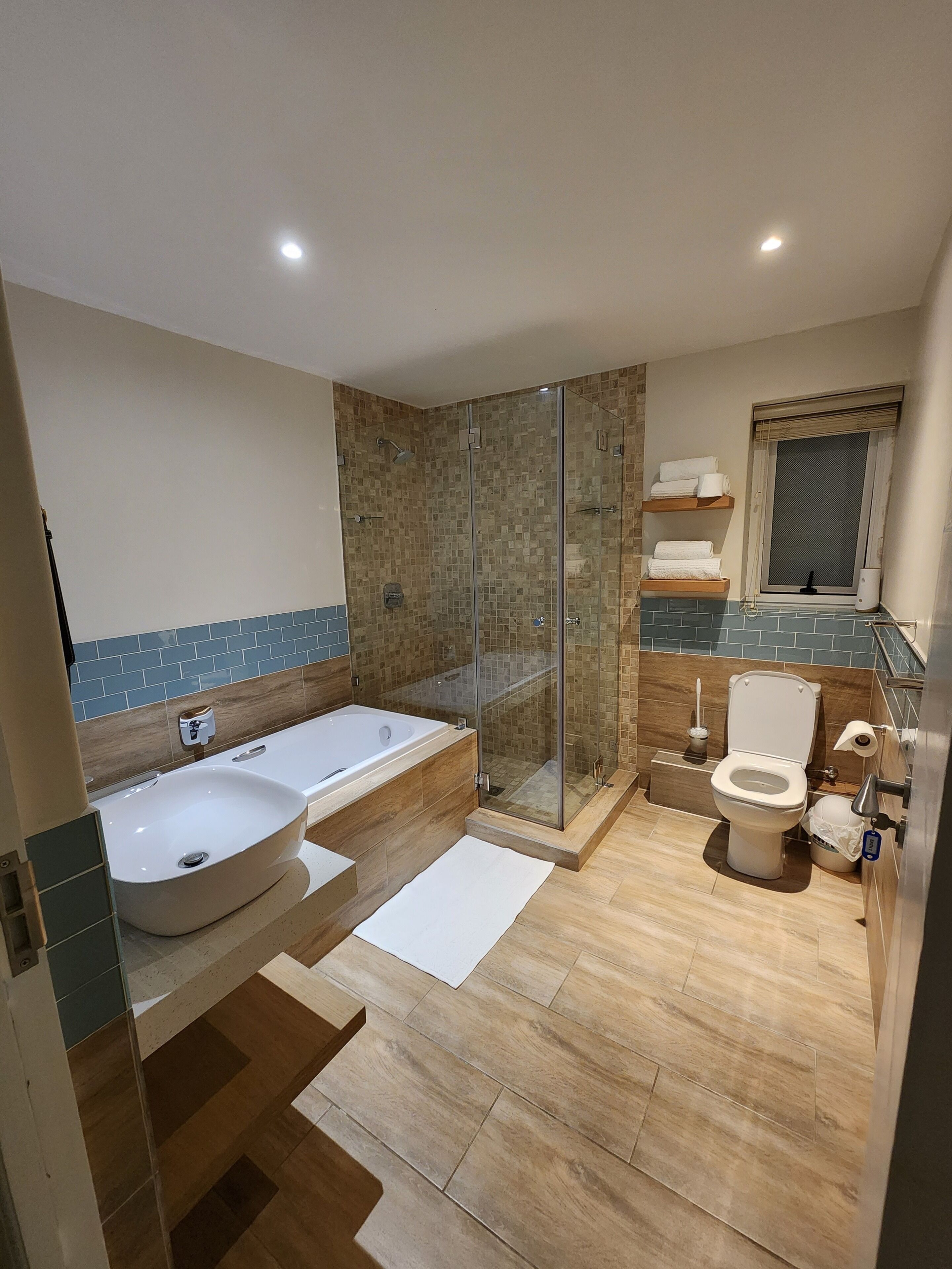 A modern bathroom with a freestanding bathtub, a glass-enclosed shower, and a toilet.
