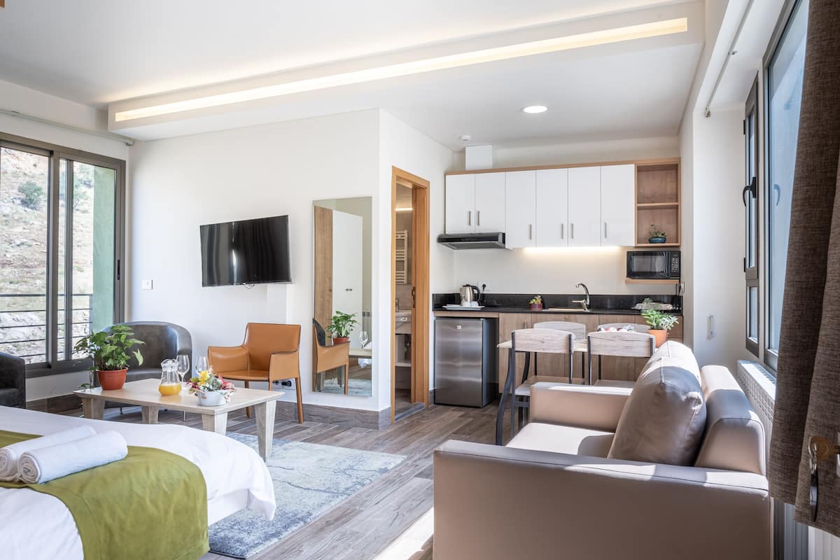 A modern hotel room with a bed, seating area, kitchenette, and a TV.