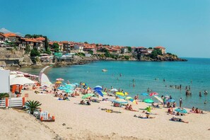 Beach nearby, sun loungers