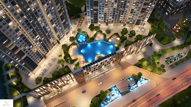 A high-rise residential building with a central courtyard featuring a swimming pool, surrounded by greenery and pathways. - Vinhome D'capitale Service Apartment - Mikage Housing (Hanoi)