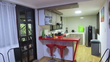 Fridge, microwave, oven, toaster