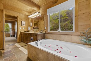 Jetted bath, hair dryer, towels, soap