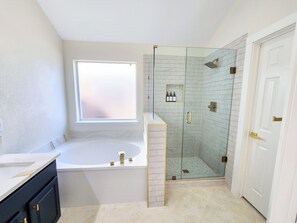 Hair dryer, towels, soap, shampoo