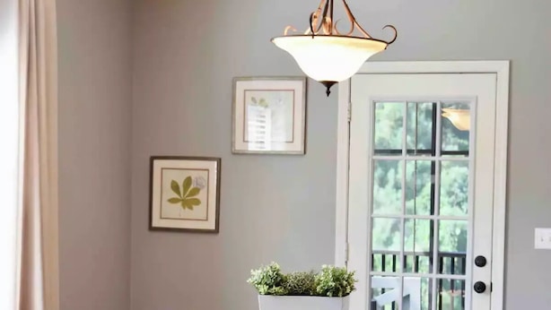 Een eetgedeelte met een houten tafel, twee zwarte barstoelen, een hangende lamp en een potplant op tafel.