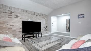 Smart TV, fireplace, books