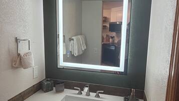 Hair dryer, towels, soap, shampoo