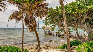 On the beach, sun-loungers, beach umbrellas